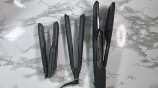 GHD二重奏风格的发型器与其他GHD造型器，以显示尺寸如何比较